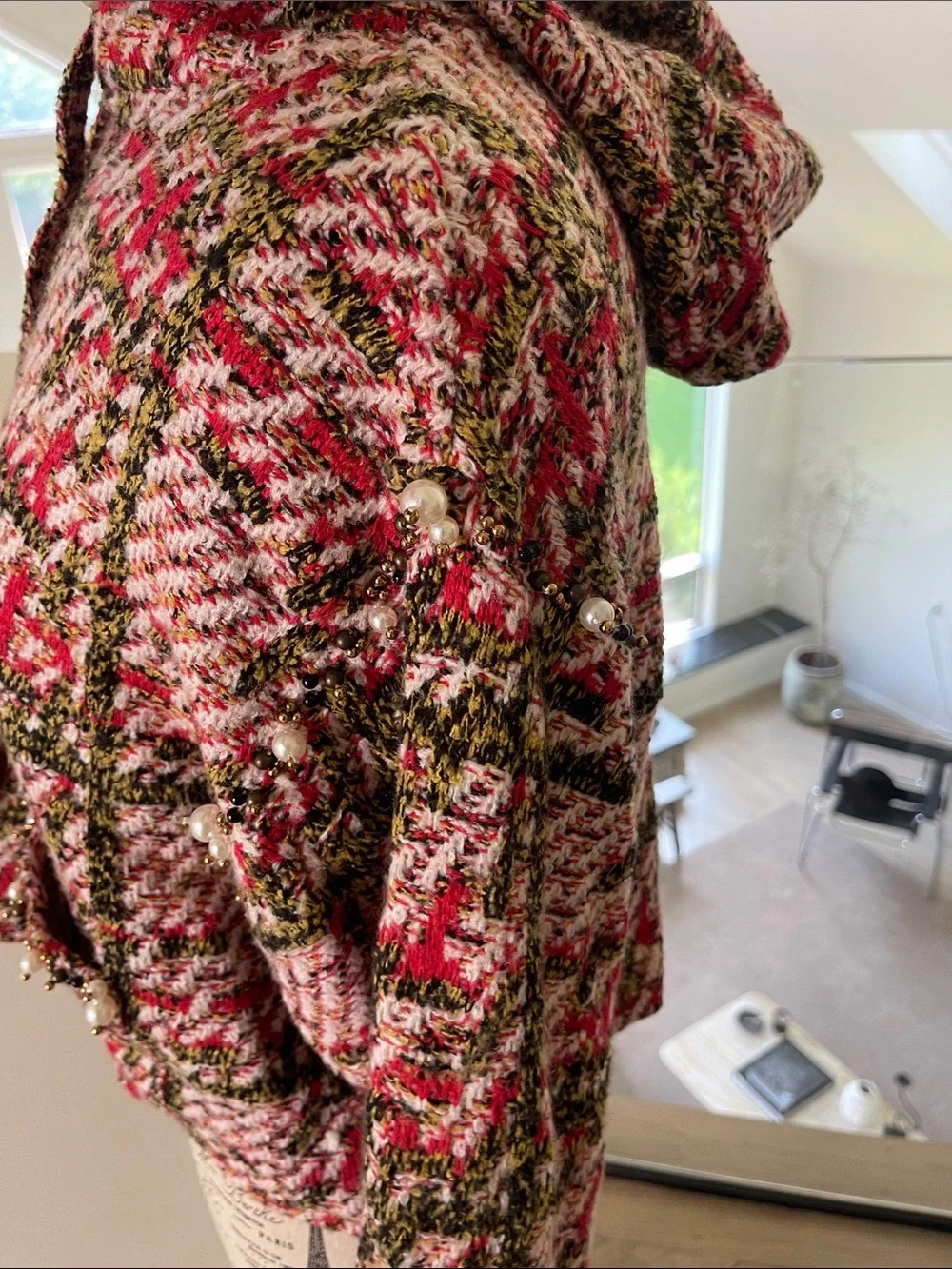 Zara Red, White & Green Tweed Pearl-Trim Hooded Jacket